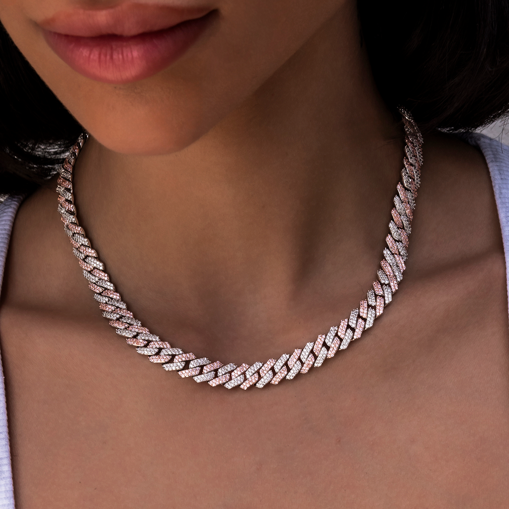 GLD Women GLD Diamond Prong Cuban Necklace in Rose/White Gold- 8.5mm