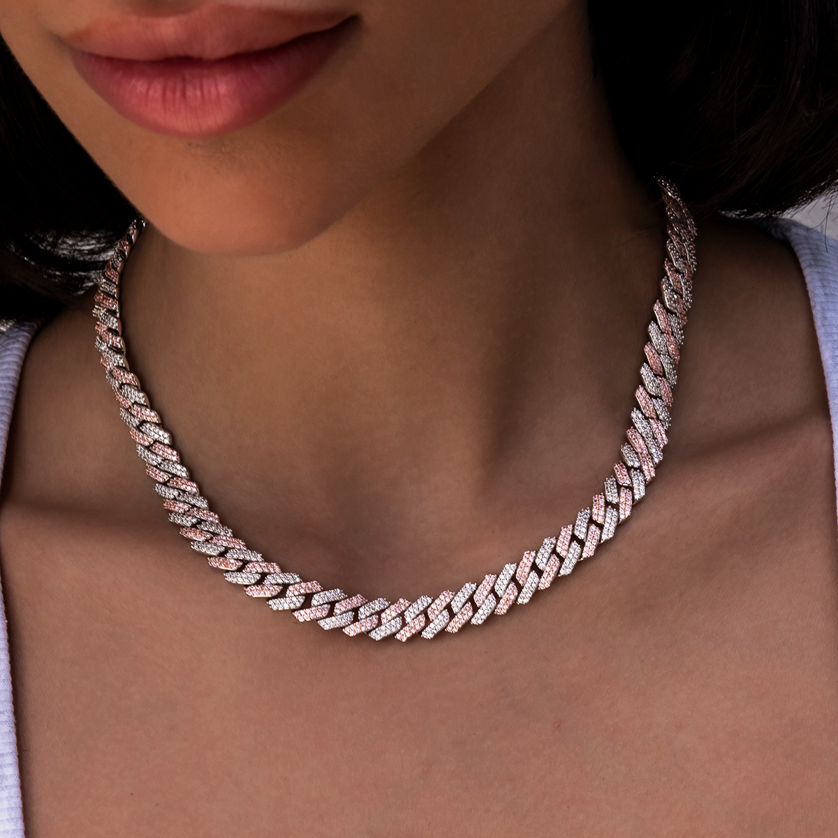 GLD Women GLD Diamond Prong Cuban Necklace in Rose/White Gold- 8.5mm