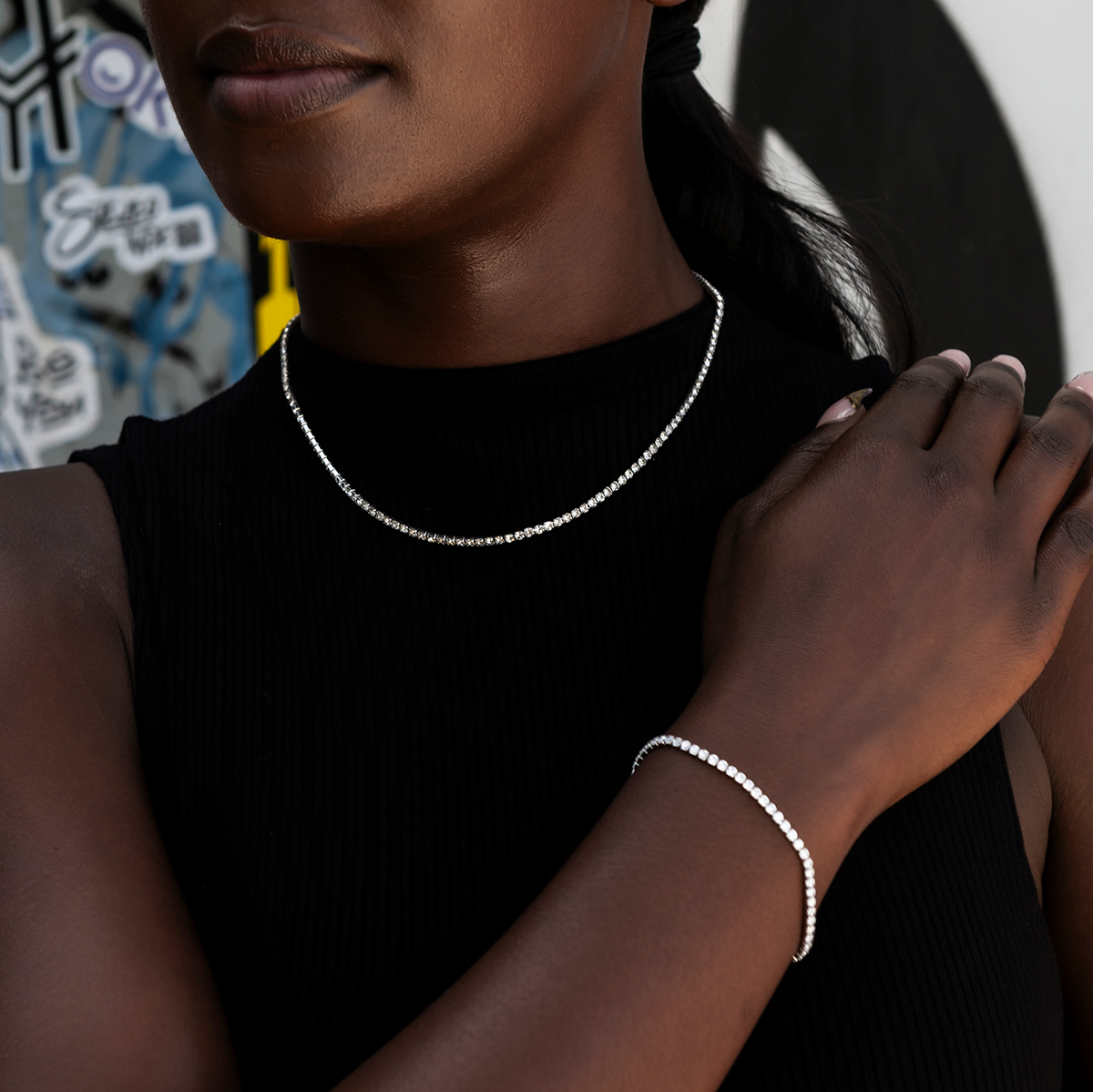 GLD Women Complete Mini Tennis Essential Set - Adjustable Necklace + Bracelet with GLD Pouch in White or Yellow Gold - Perfect Gift Set