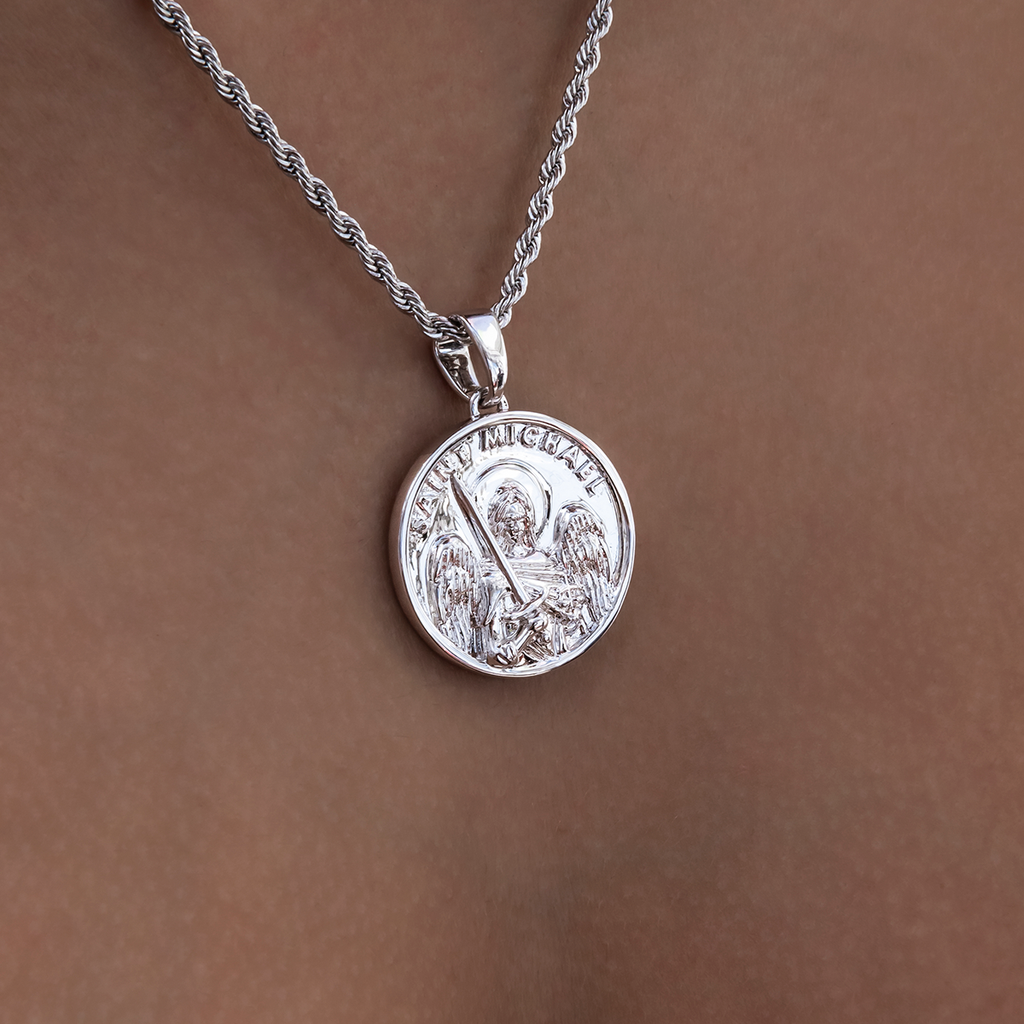 GLD PROMO - WOMEN Saint Michael Coin Pendant in White Gold