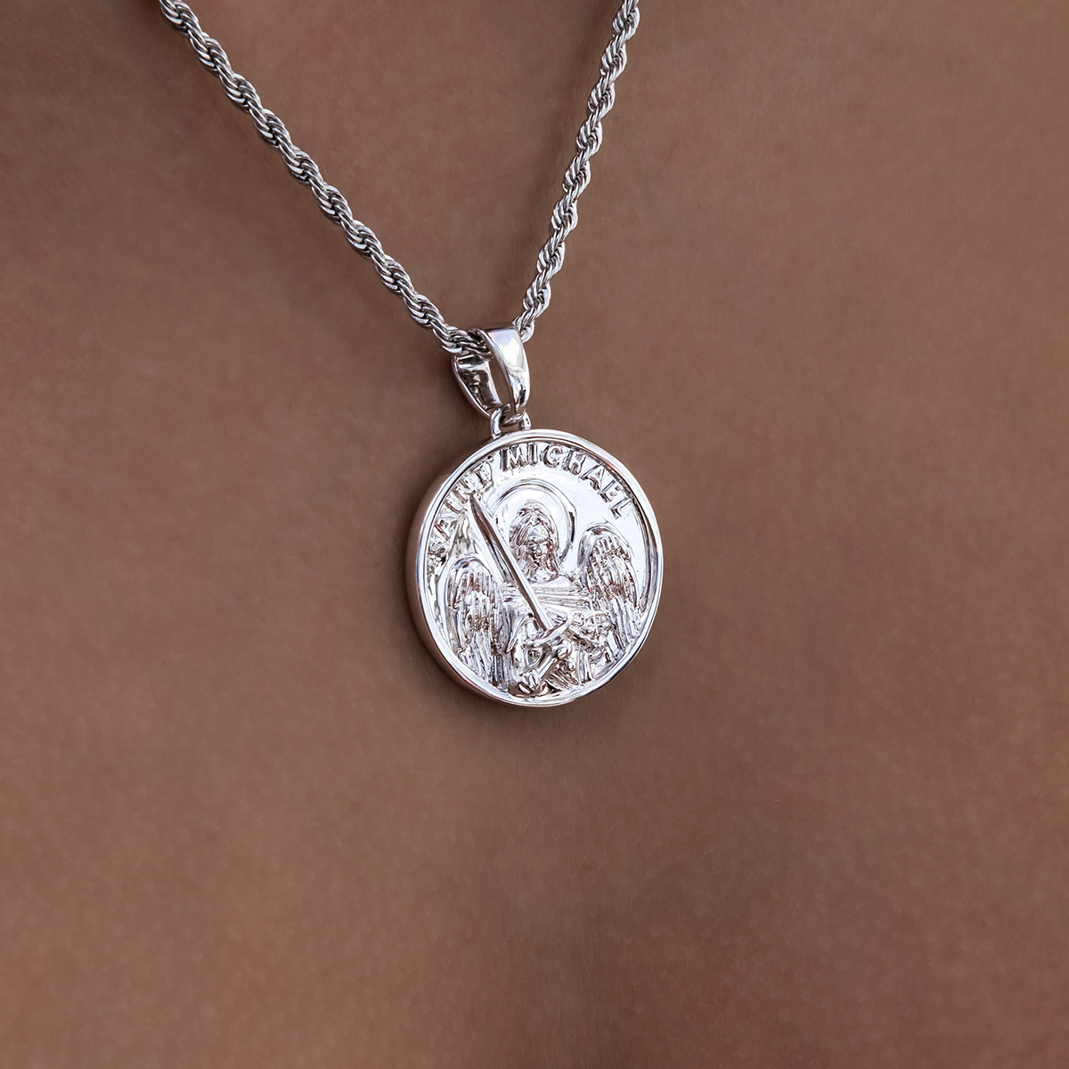 GLD PROMO - WOMEN Saint Michael Coin Pendant in White Gold