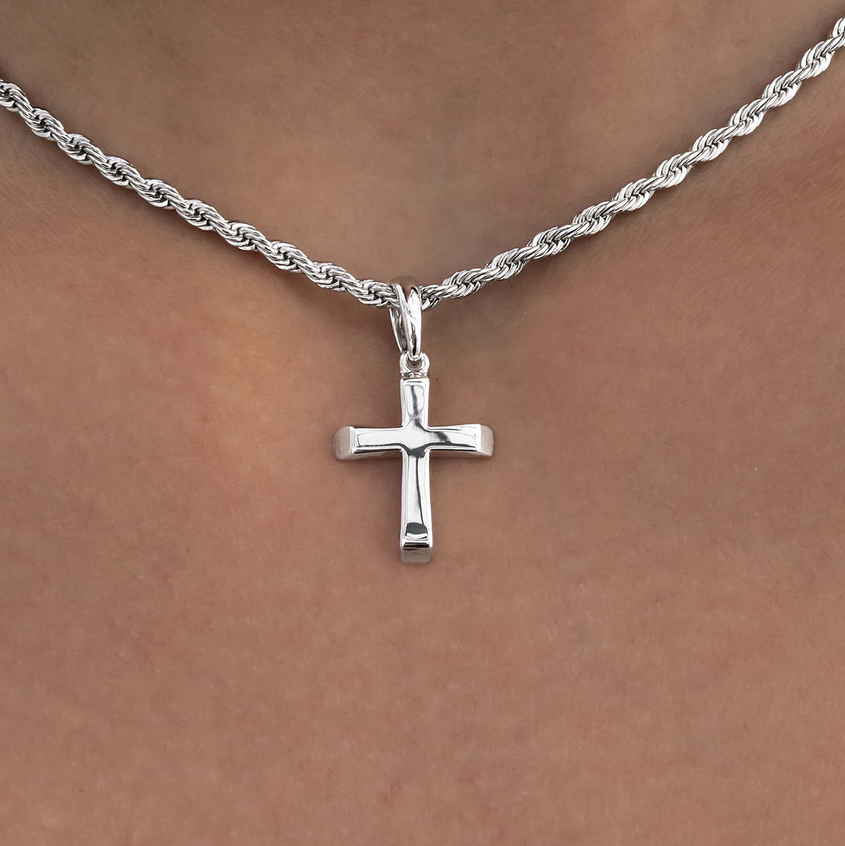 GLD Women Micro Simple Cross Pendant + 2MM Rope Necklace Bundle in White Gold