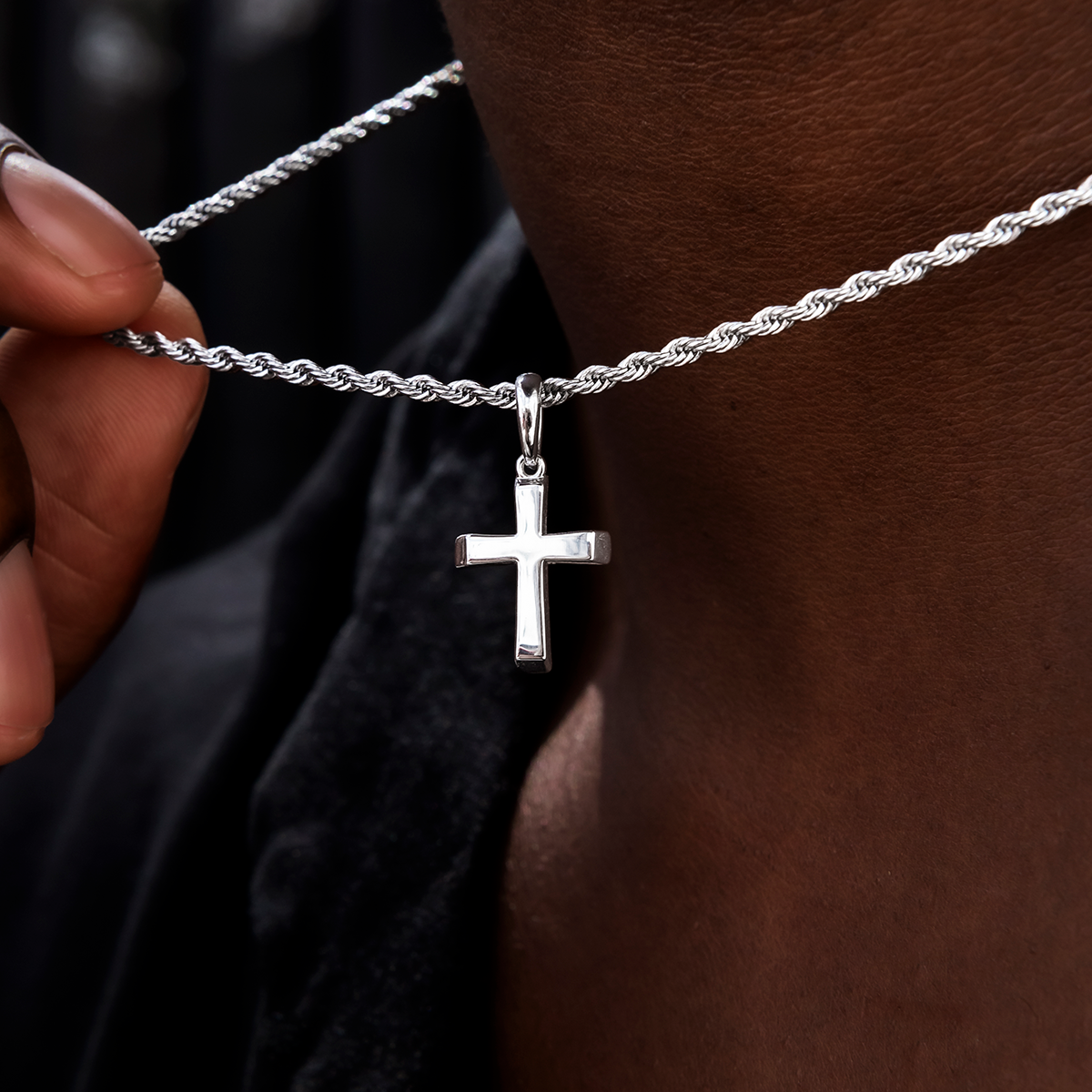 GLD Men Micro Simple Cross Pendant + 2MM Rope Chain Bundle in White Gold