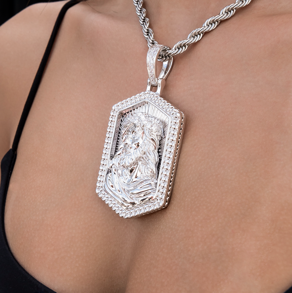 GLD PROMO - WOMEN Large Icon Jesus Pendant in White Gold
