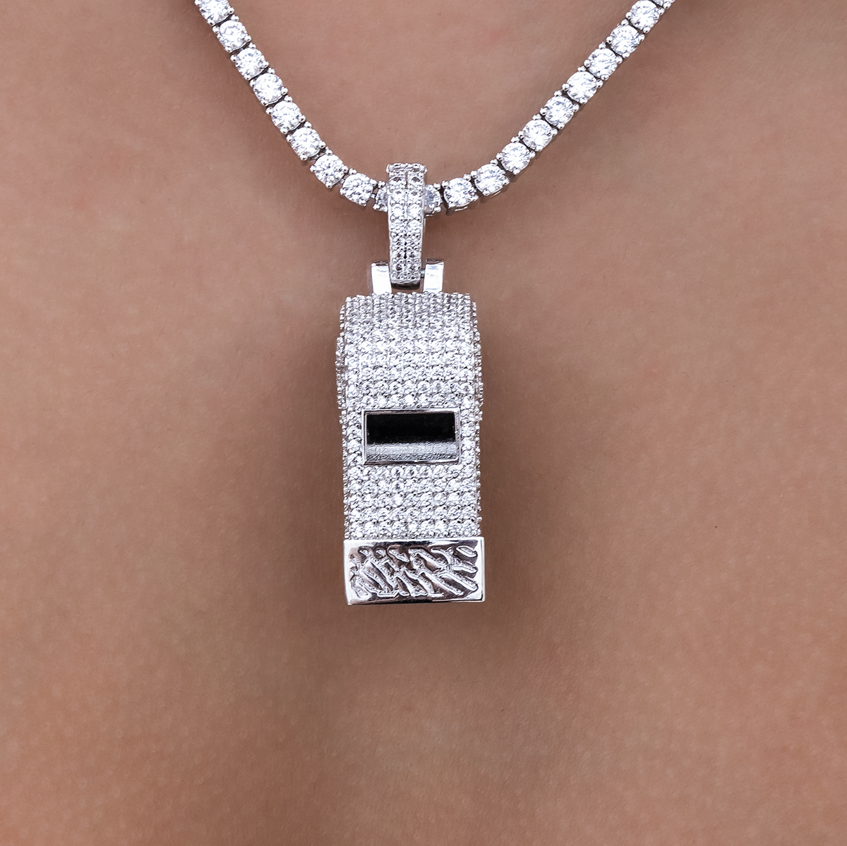 GLD Women Iced Functioning Coaches Whistle Pendant in White Gold