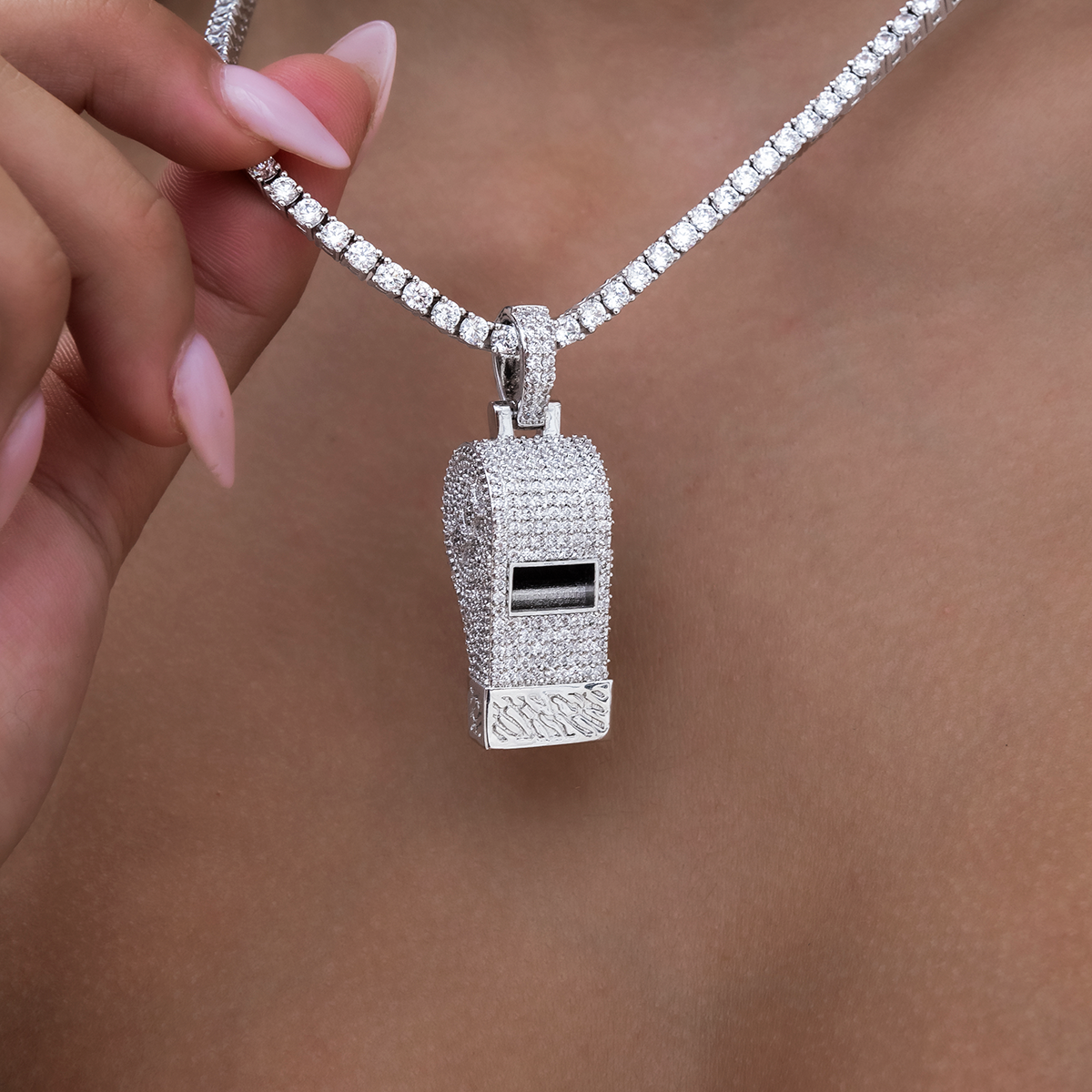 GLD Women Iced Functioning Coaches Whistle Pendant in White Gold