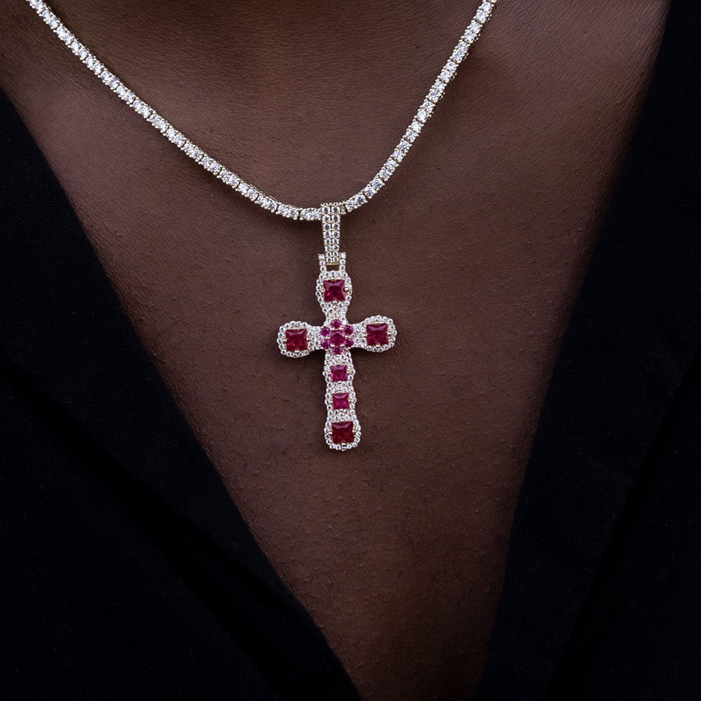 GLD PROMO Ruby Stone Rounded Cross Pendant in Yellow Gold