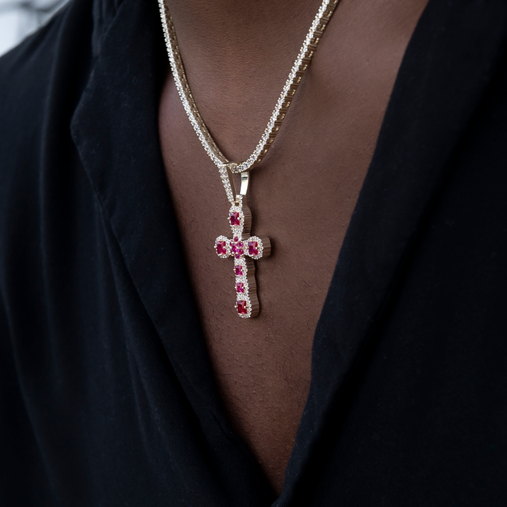 GLD PROMO Ruby Stone Rounded Cross Pendant in Yellow Gold
