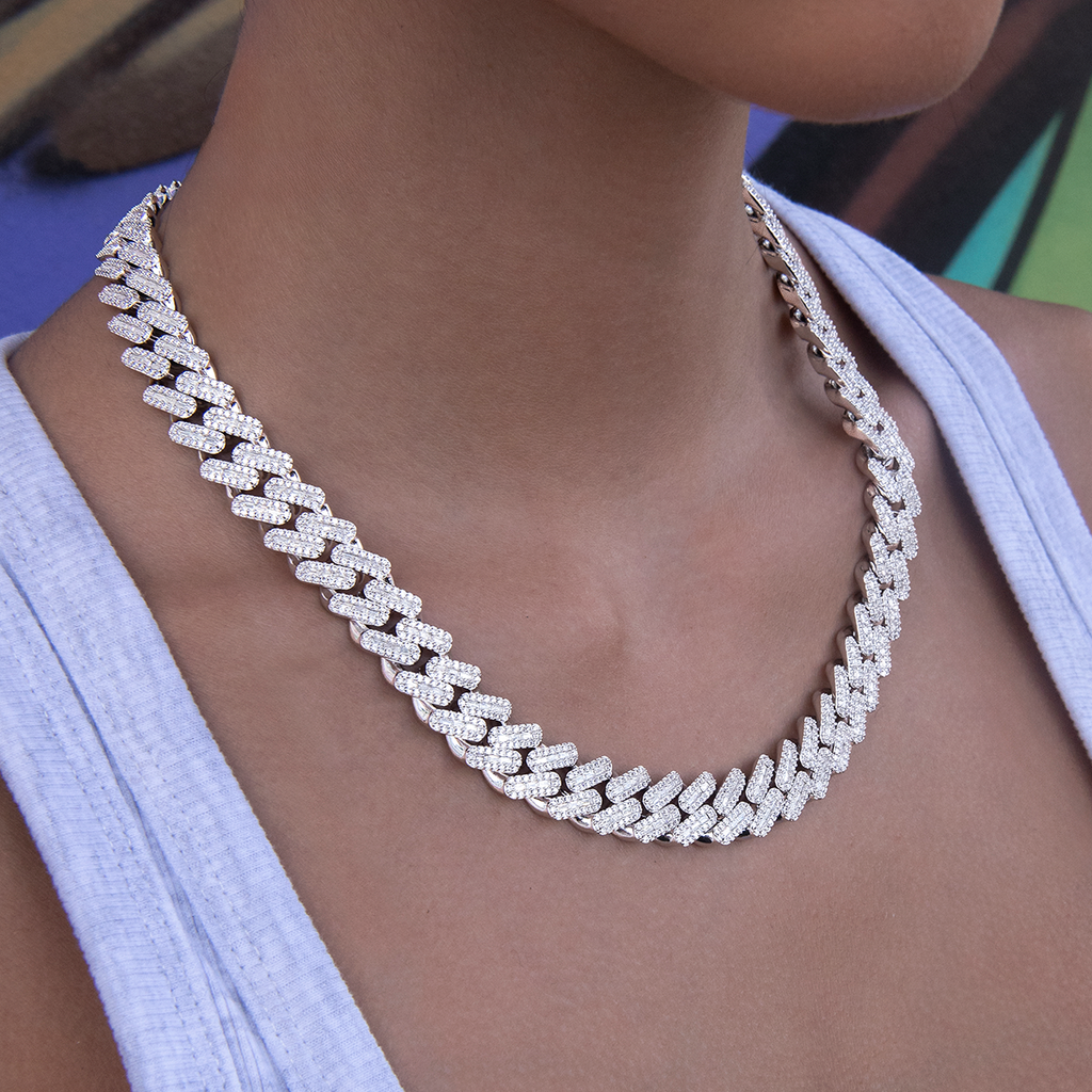 GLD Women GLD Diamond Baguette Cuban Necklace in White Gold- 12mm