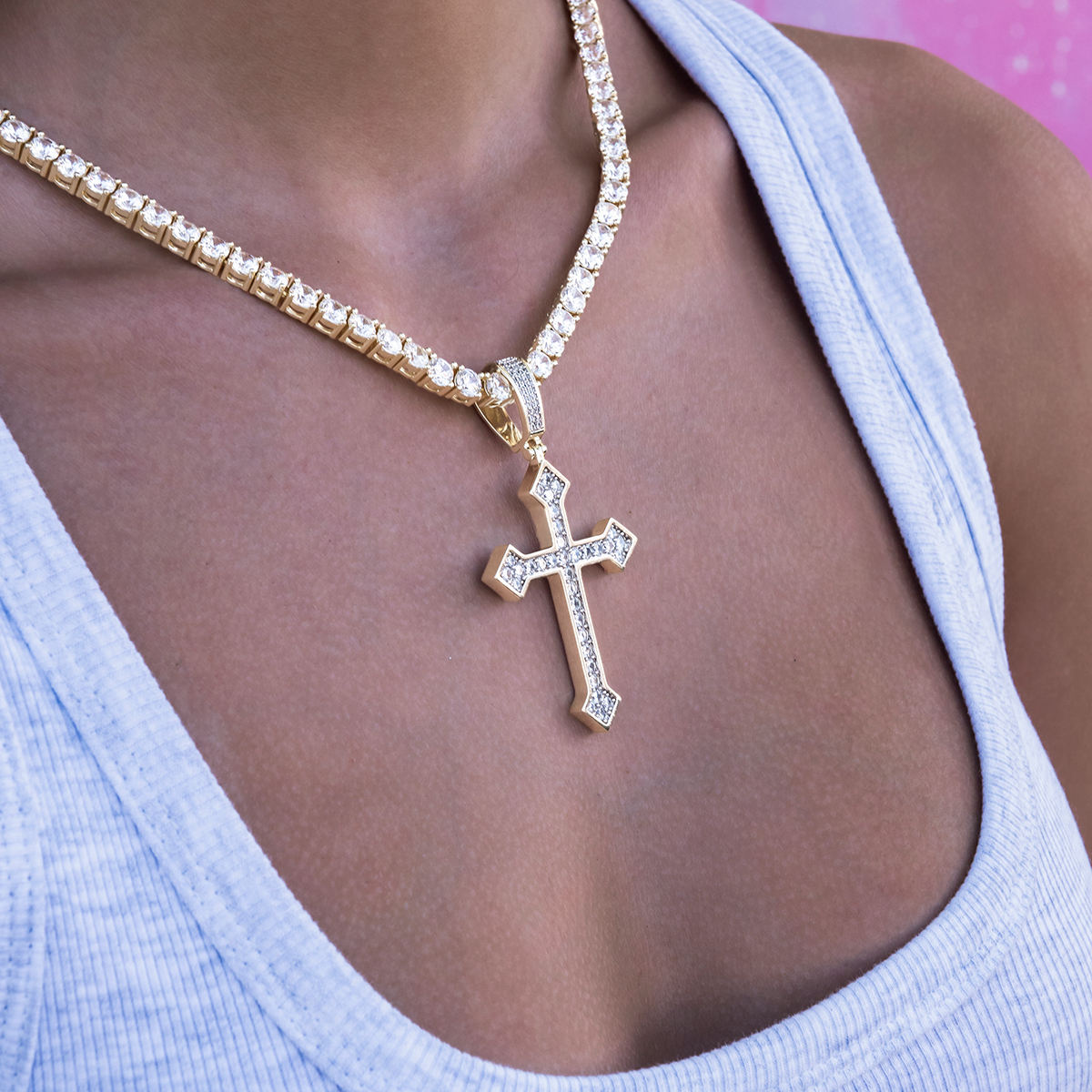 GLD PROMO - WOMEN Large Iced Celtic Cross in Yellow Gold