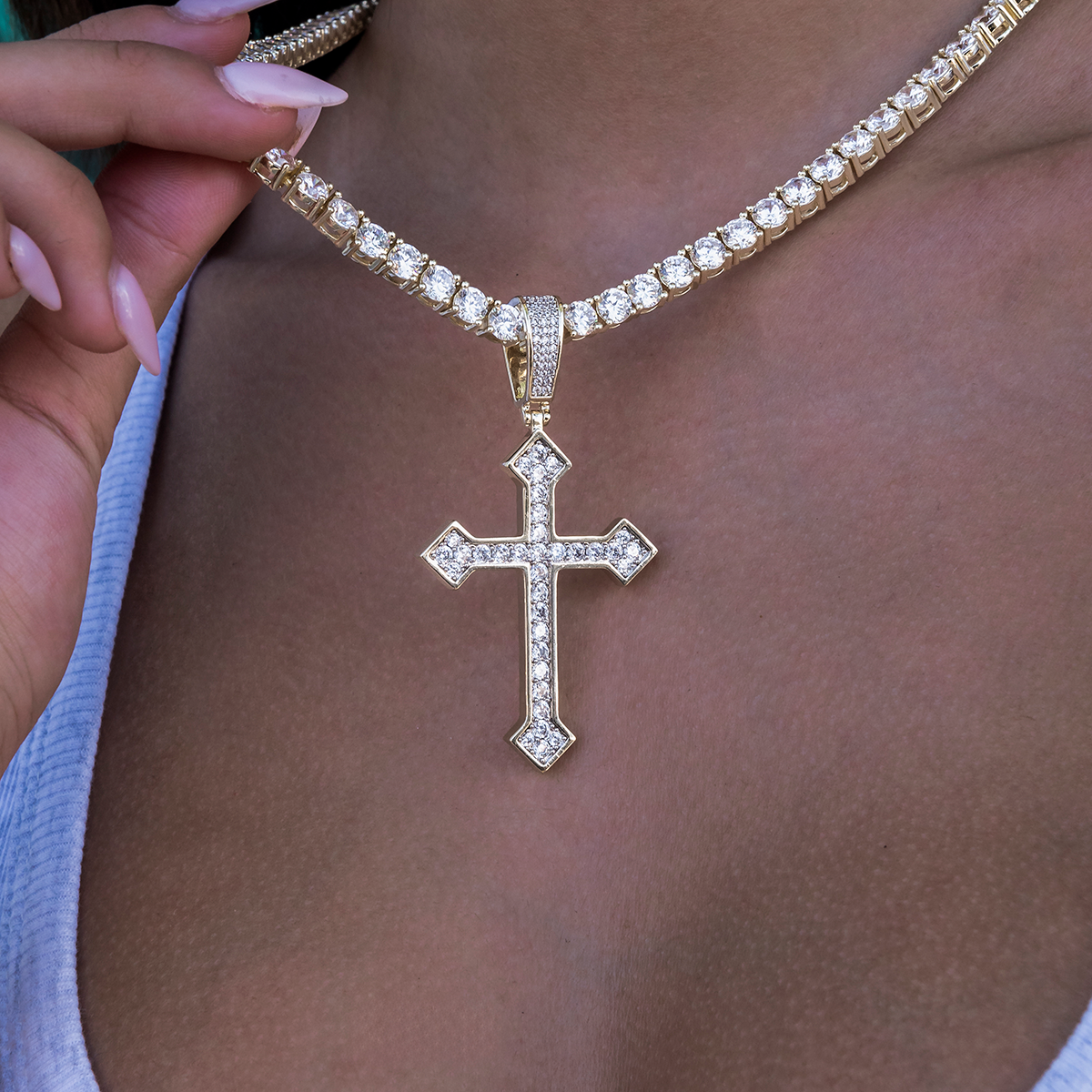 GLD PROMO - WOMEN Large Iced Celtic Cross in Yellow Gold