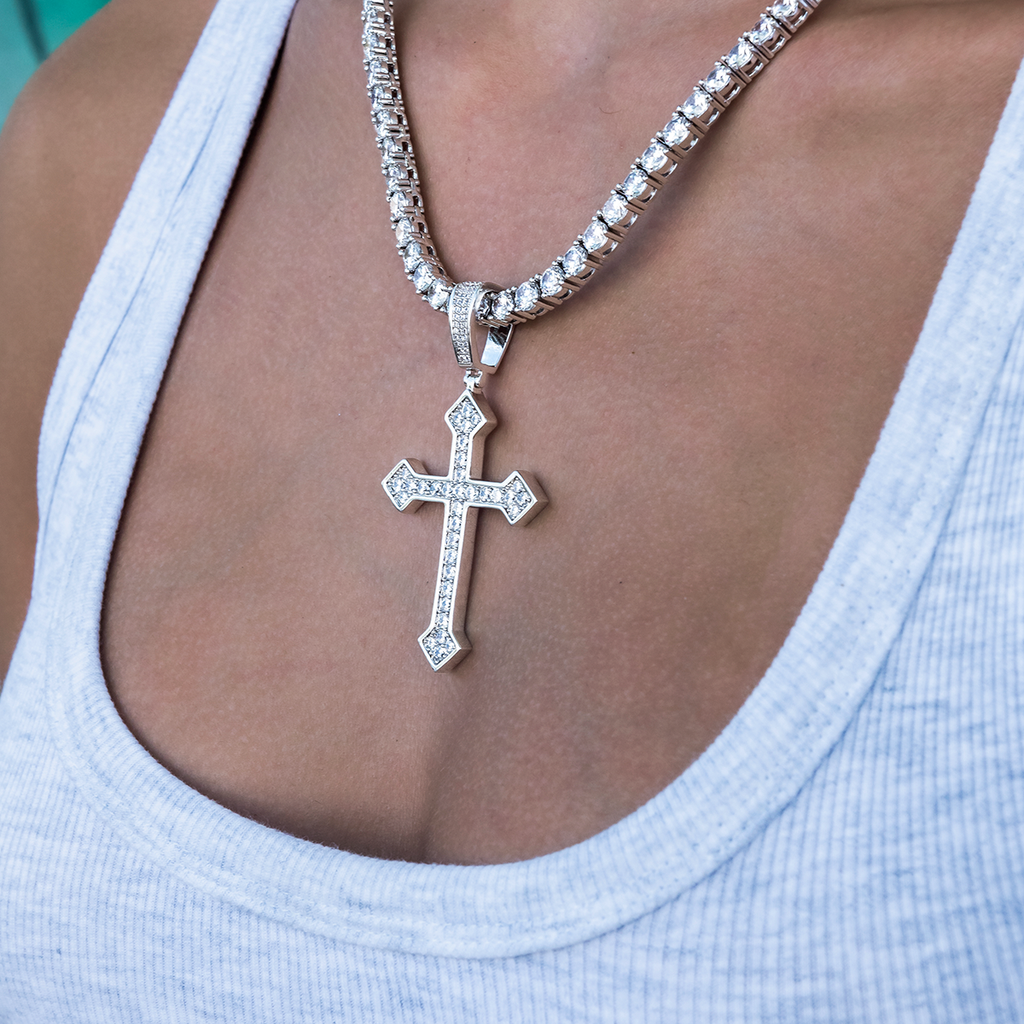 GLD PROMO - WOMEN Large Iced Celtic Cross in White Gold