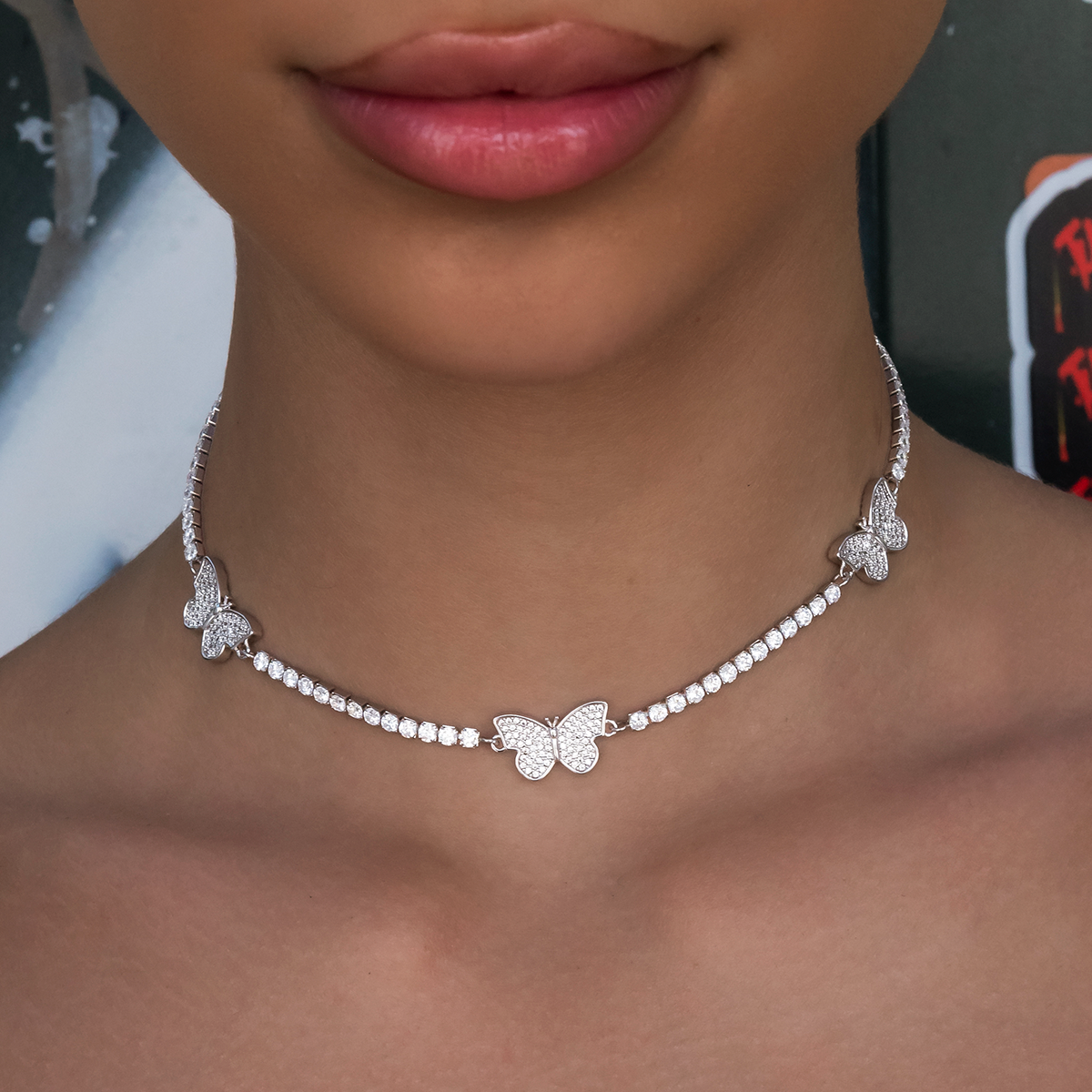GLD PROMO - WOMEN Micro Tennis Butterfly Necklace in White Gold