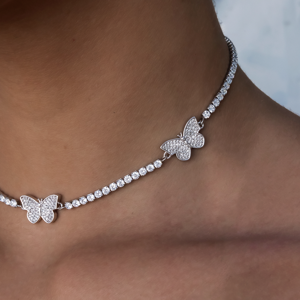 GLD PROMO - WOMEN Micro Tennis Butterfly Necklace in White Gold