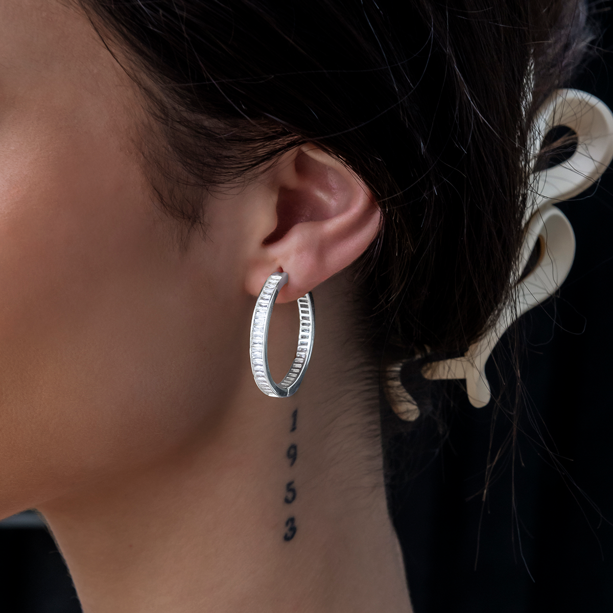GLD Women Baguette Hoop Stud Earrings in White Gold