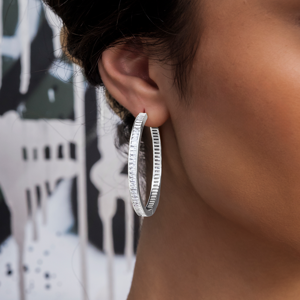 GLD Women Baguette Hoop Stud Earrings in White Gold