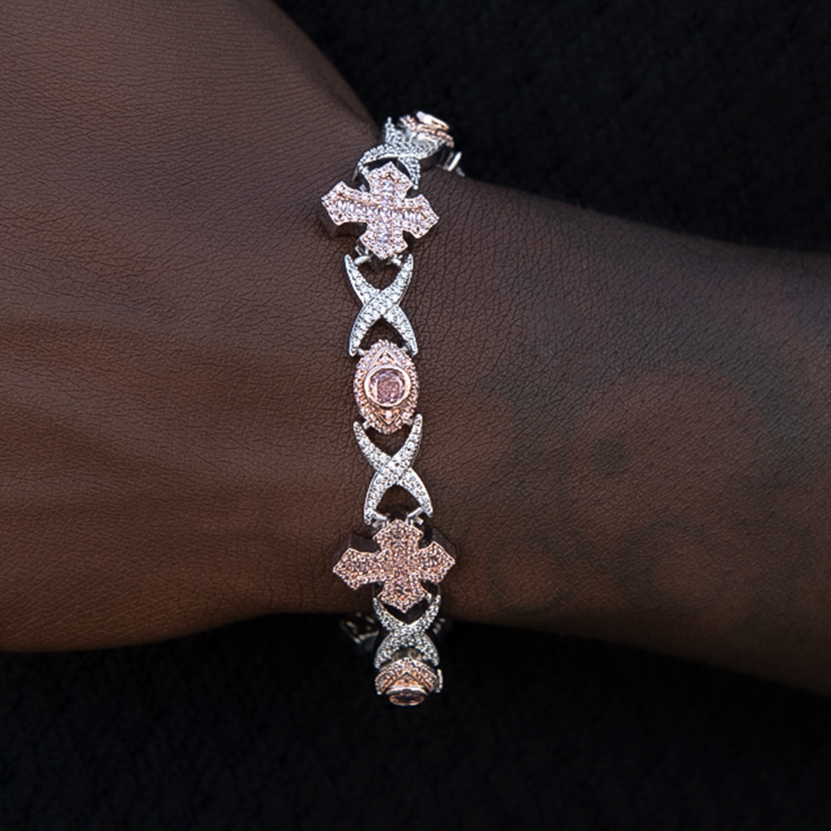 GLD Men Baguette Cross Evil Eye Bracelet in Rose Gold