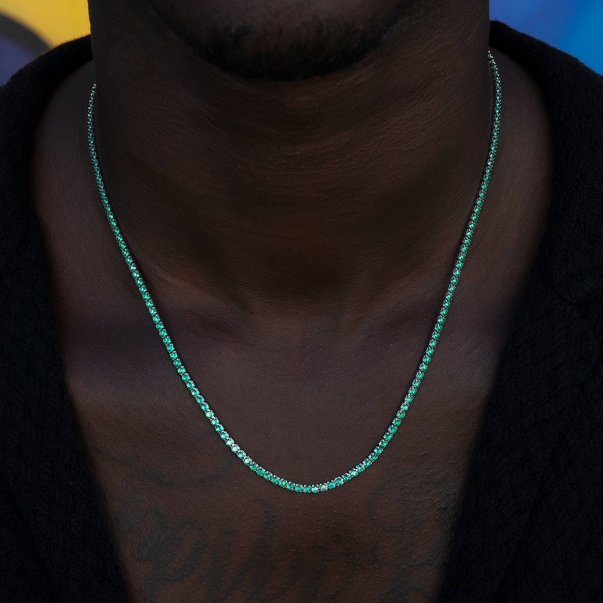 GLD PROMO Emerald Diamond Micro Tennis Chain in White Gold