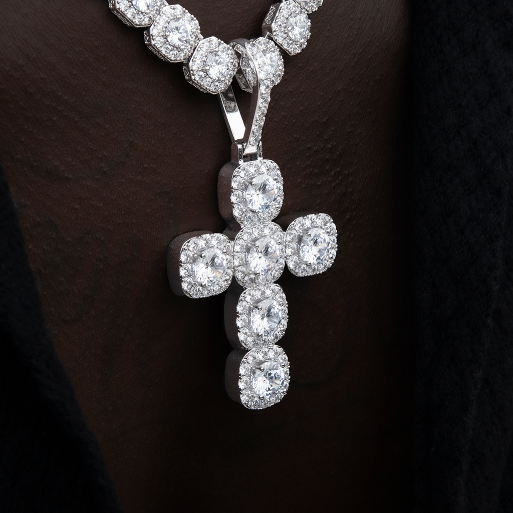 GLD PROMO Cushion Cut Stone Cross Pendant in White Gold