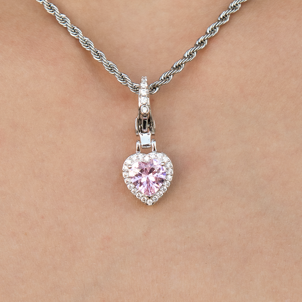 GLD PROMO SETS - WOMEN Micro Iced Pink Heart Clip On Charm Pendant in White Gold