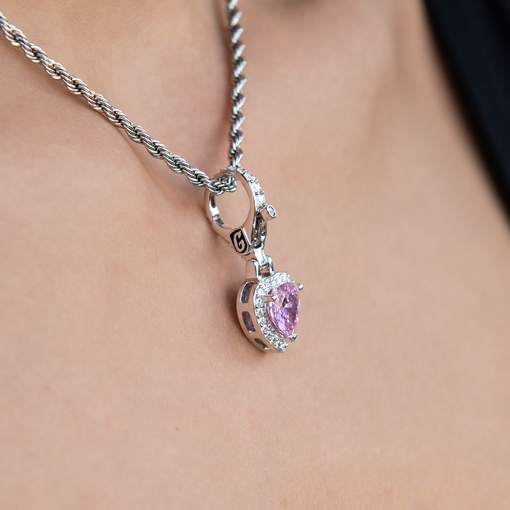 GLD PROMO SETS - WOMEN Micro Iced Pink Heart Clip On Charm Pendant in White Gold