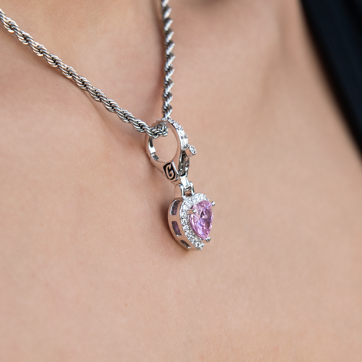 GLD PROMO SETS - WOMEN Micro Iced Pink Heart Clip On Charm Pendant in White Gold