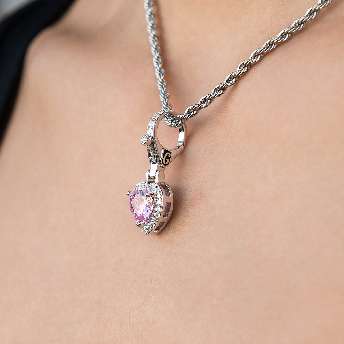 GLD PROMO SETS - WOMEN Micro Iced Pink Heart Clip On Charm Pendant in White Gold