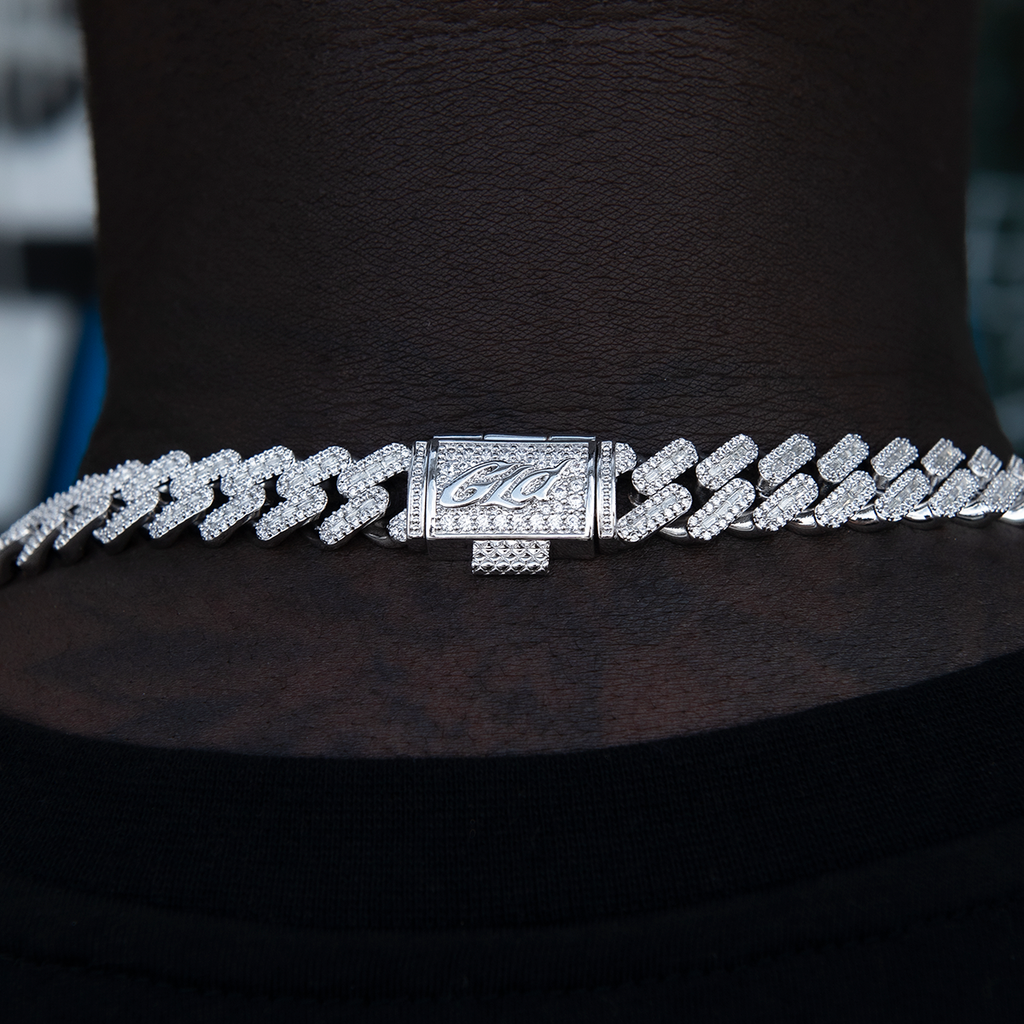 GLD PROMO Diamond Baguette Cuban Chain in White Gold- 12mm