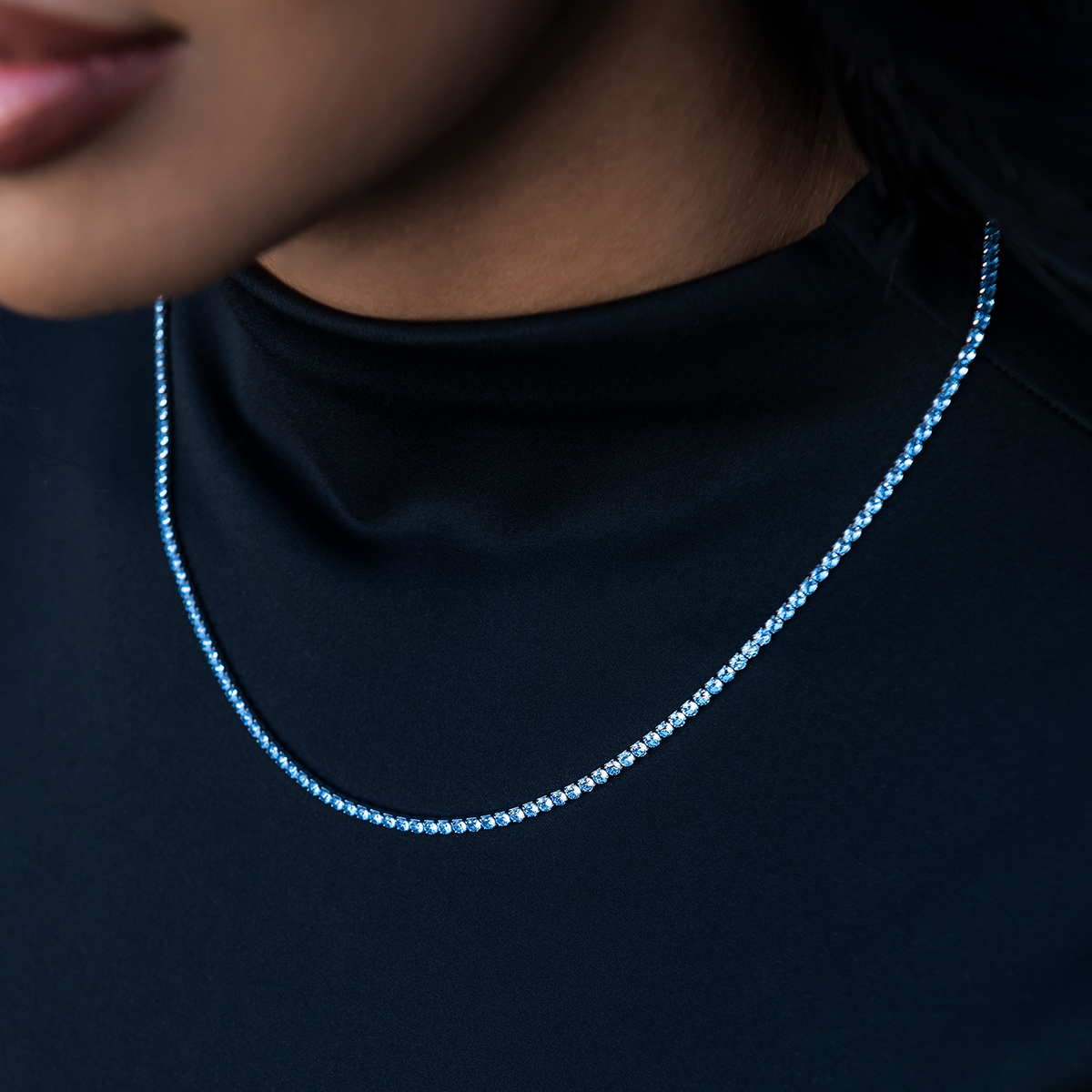 GLD PROMO - WOMEN Blue Topaz Diamond Micro Tennis Necklace in White Gold