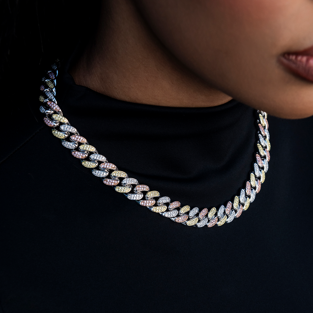 GLD Women GLD Diamond Cuban Link Chain in Yellow/Rose/White Gold- 12mm