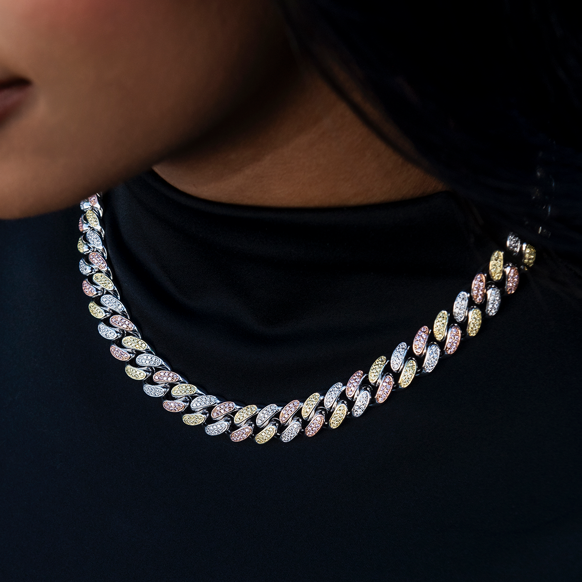 GLD Women GLD Diamond Cuban Link Chain in Yellow/Rose/White Gold- 12mm