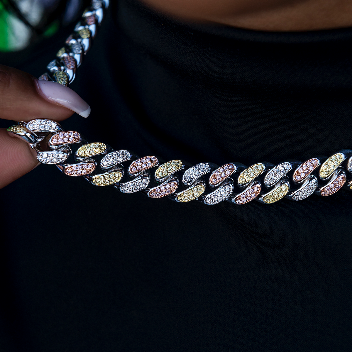 GLD Women GLD Diamond Cuban Link Chain in Yellow/Rose/White Gold- 12mm
