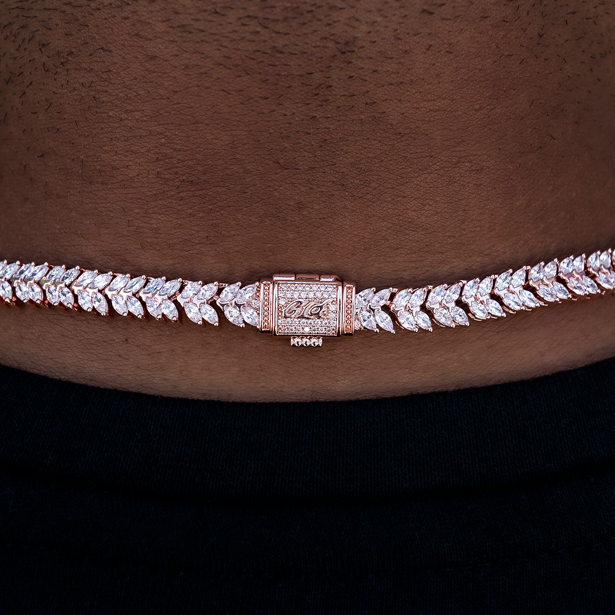 GLD PROMO Iced Herringbone Chain in Rose Gold- 7mm