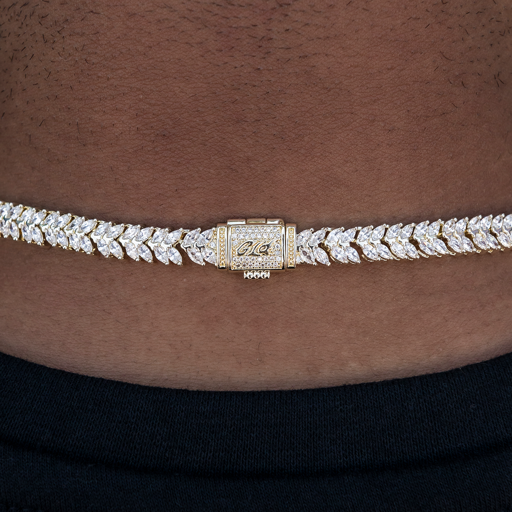 GLD PROMO Iced Herringbone Chain in Yellow Gold- 7mm