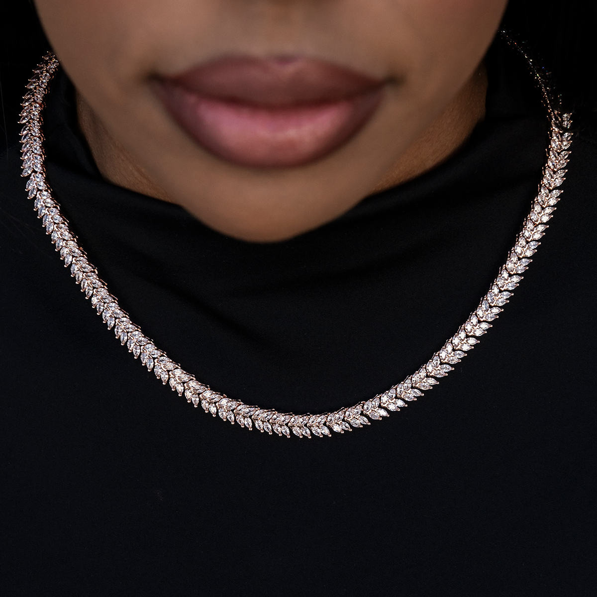 GLD PROMO - WOMEN Iced Herringbone Necklace in Rose Gold- 7mm