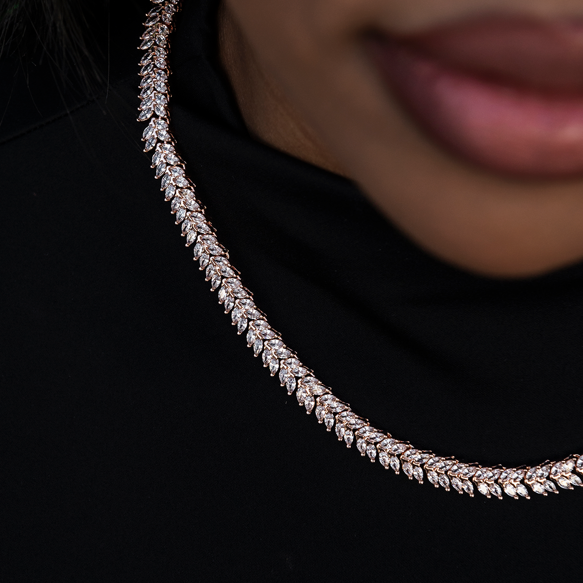 GLD PROMO - WOMEN Iced Herringbone Necklace in Rose Gold- 7mm