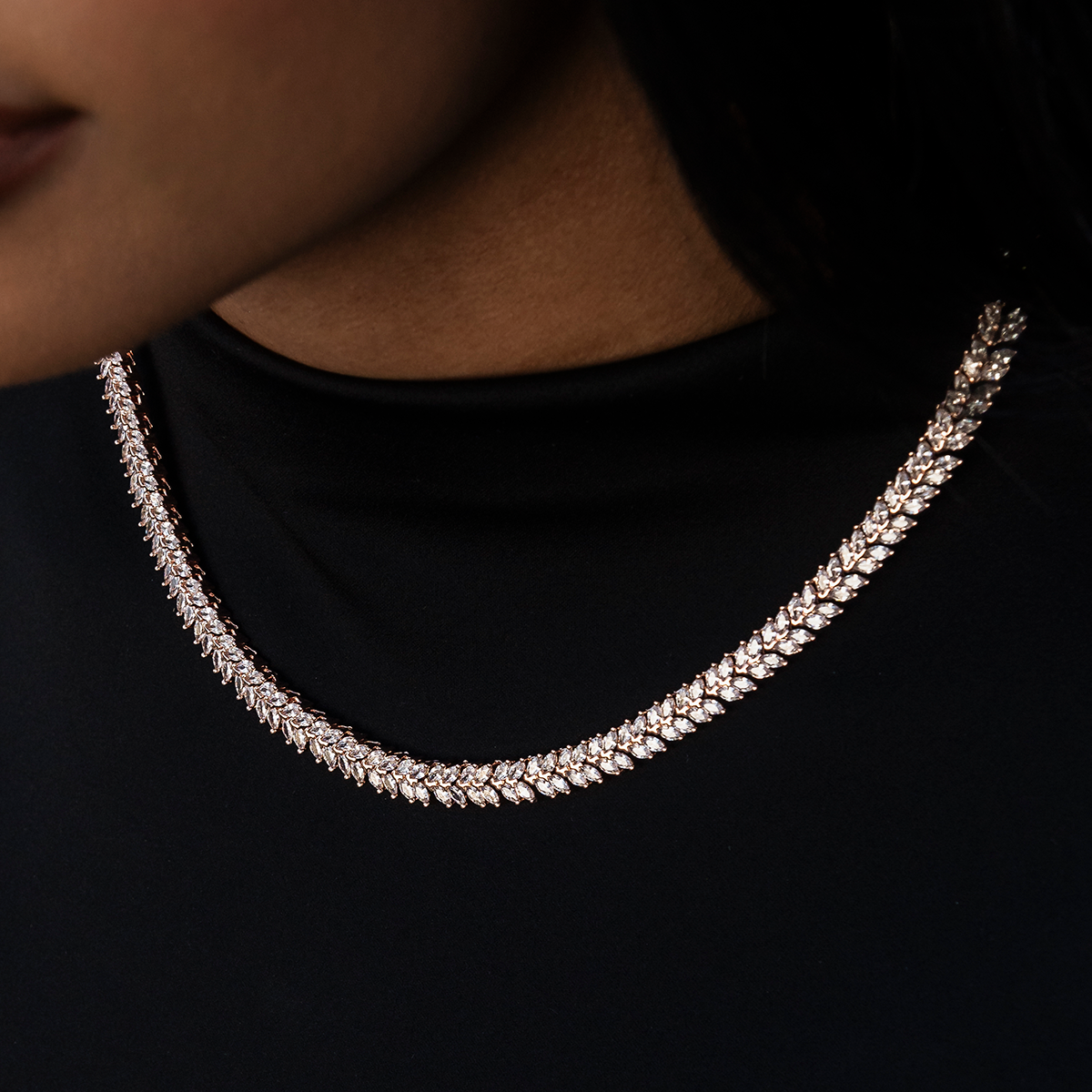 GLD PROMO - WOMEN Iced Herringbone Necklace in Rose Gold- 7mm