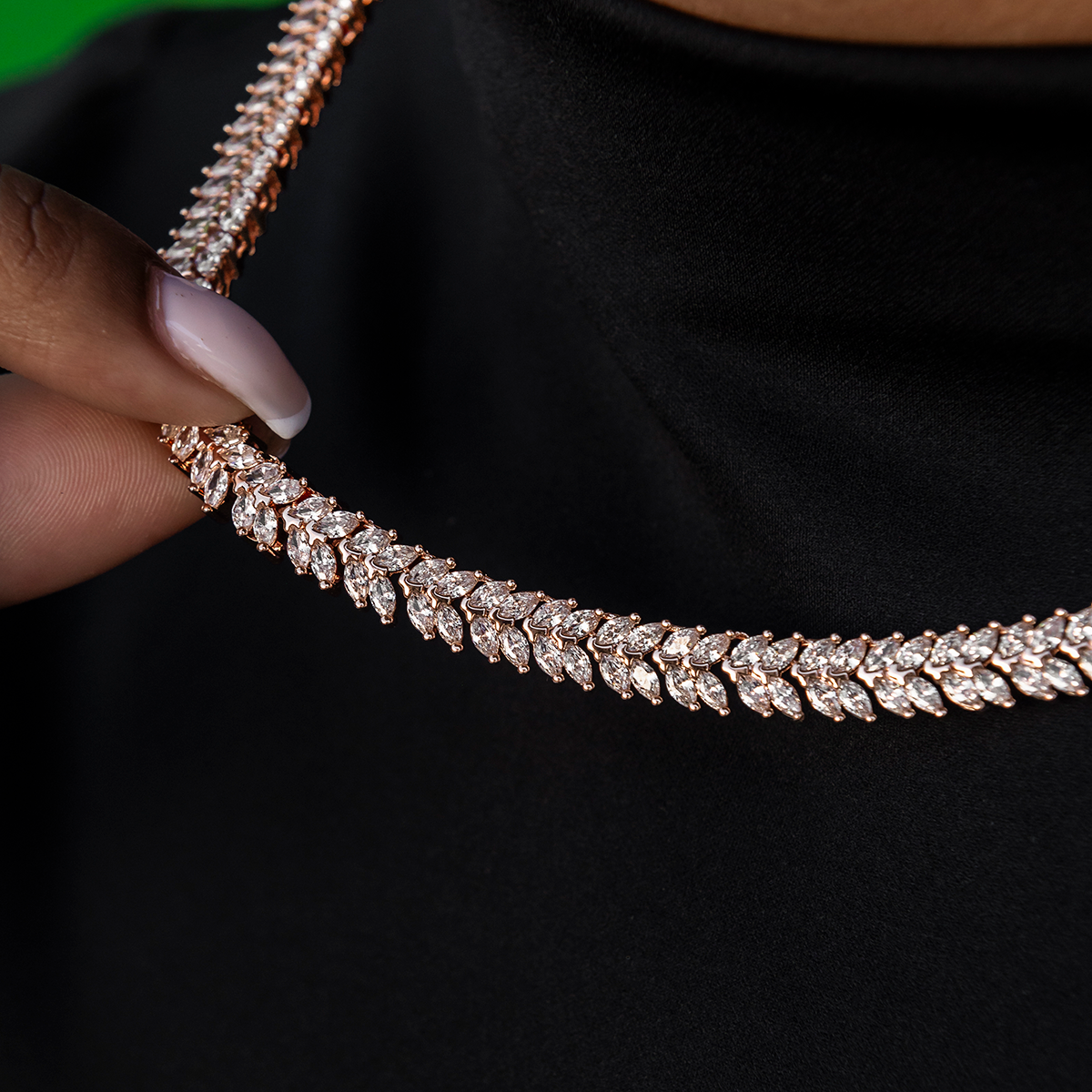 GLD PROMO - WOMEN Iced Herringbone Necklace in Rose Gold- 7mm