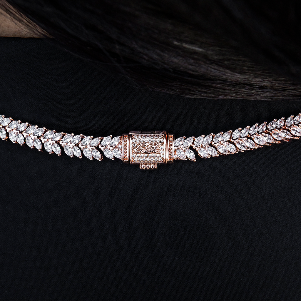 GLD PROMO - WOMEN Iced Herringbone Necklace in Rose Gold- 7mm