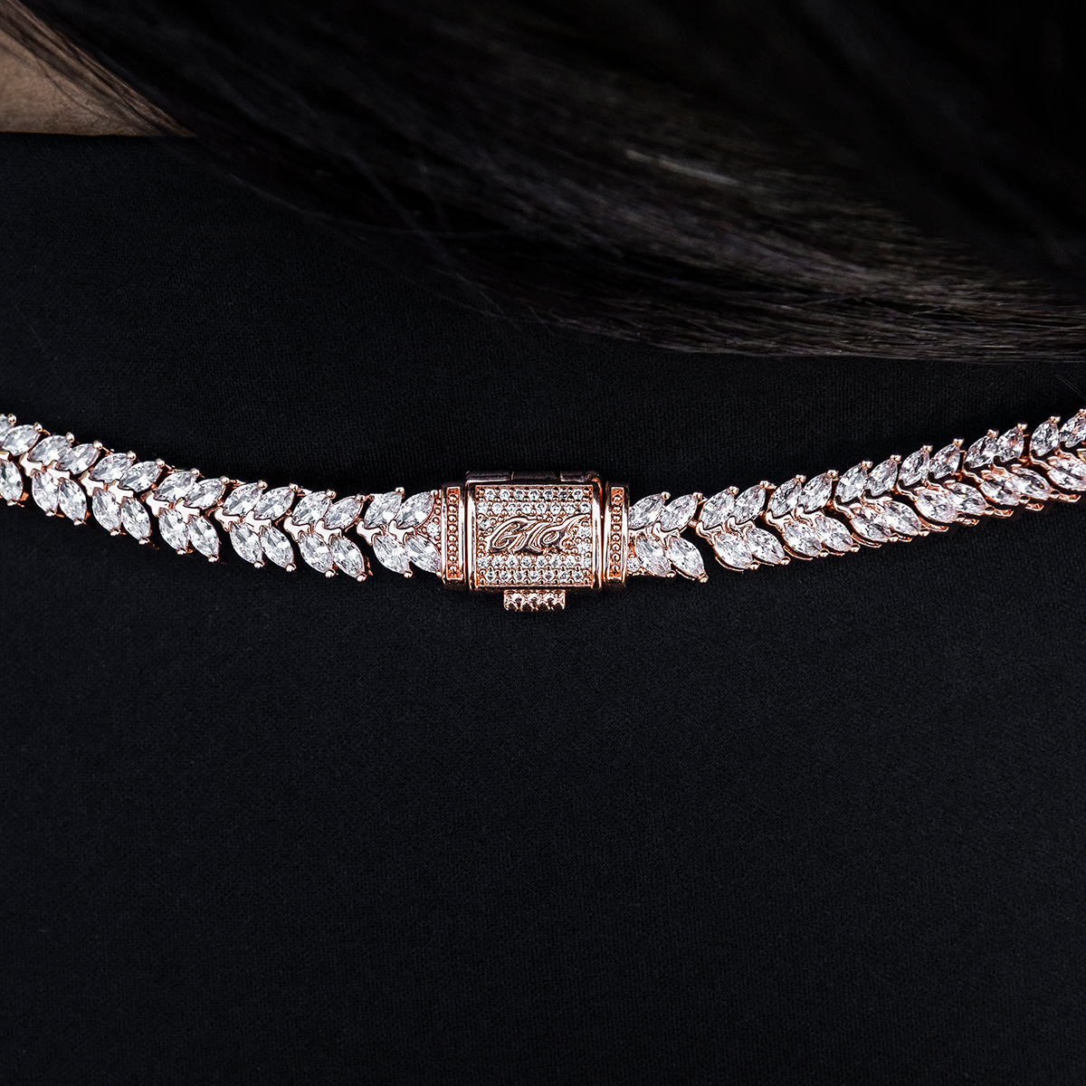 GLD PROMO - WOMEN Iced Herringbone Necklace in Rose Gold- 7mm