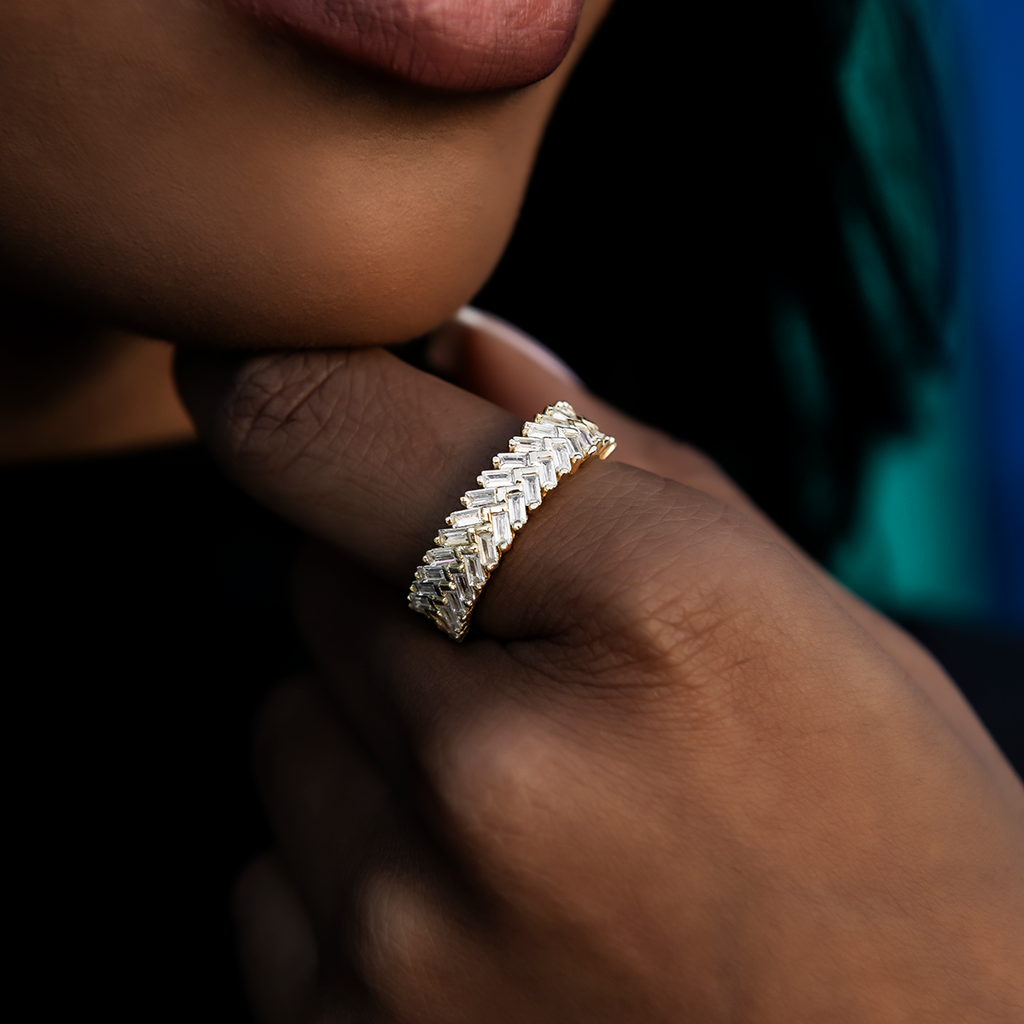GLD PROMO - WOMEN Diamond Baguette Herringbone Ring in Yellow Gold Vermeil