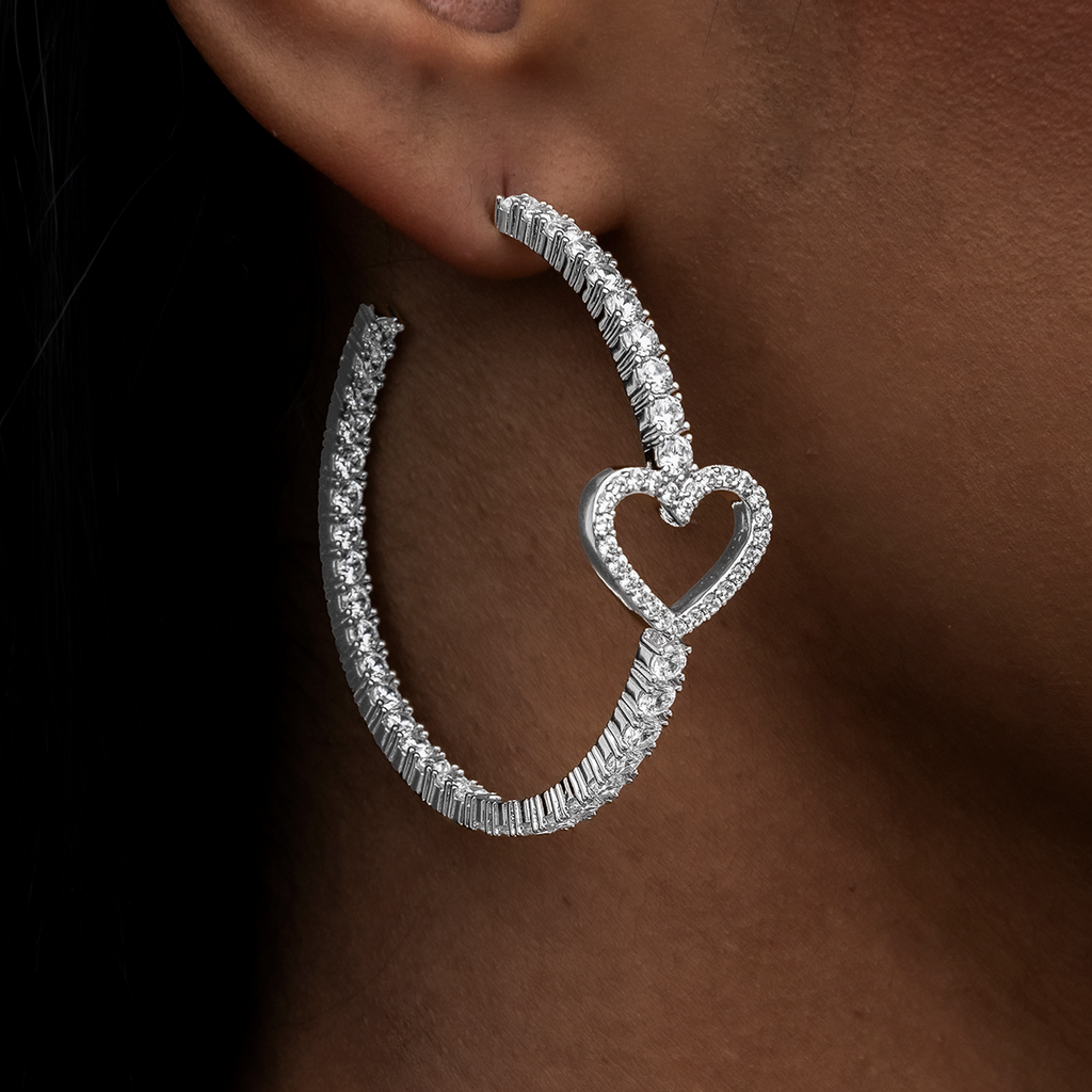 GLD Women Heart Tennis Hoop Earrings - White Gold