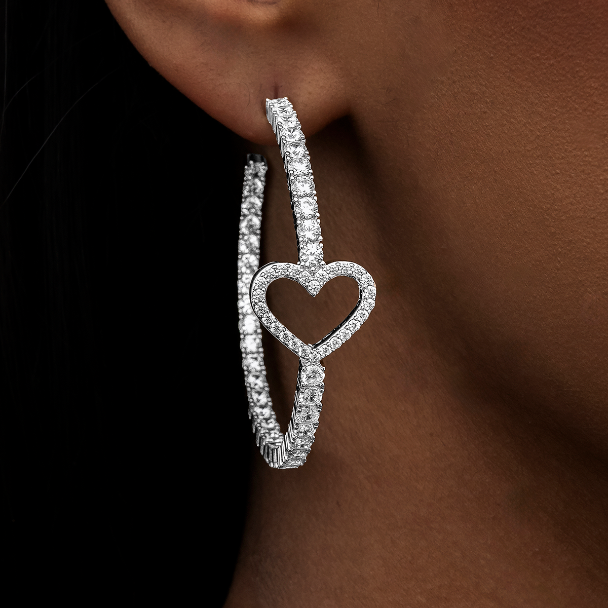 GLD Women Heart Tennis Hoop Earrings - White Gold