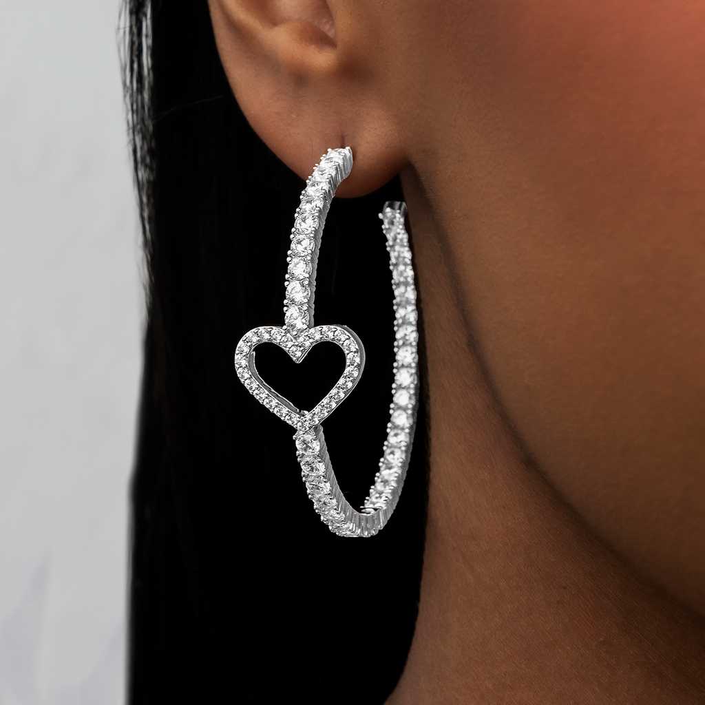 GLD Women Heart Tennis Hoop Earrings - White Gold