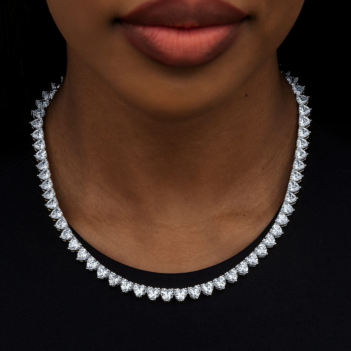 GLD Women Heart Diamond Tennis Necklace in White Gold- 6mm