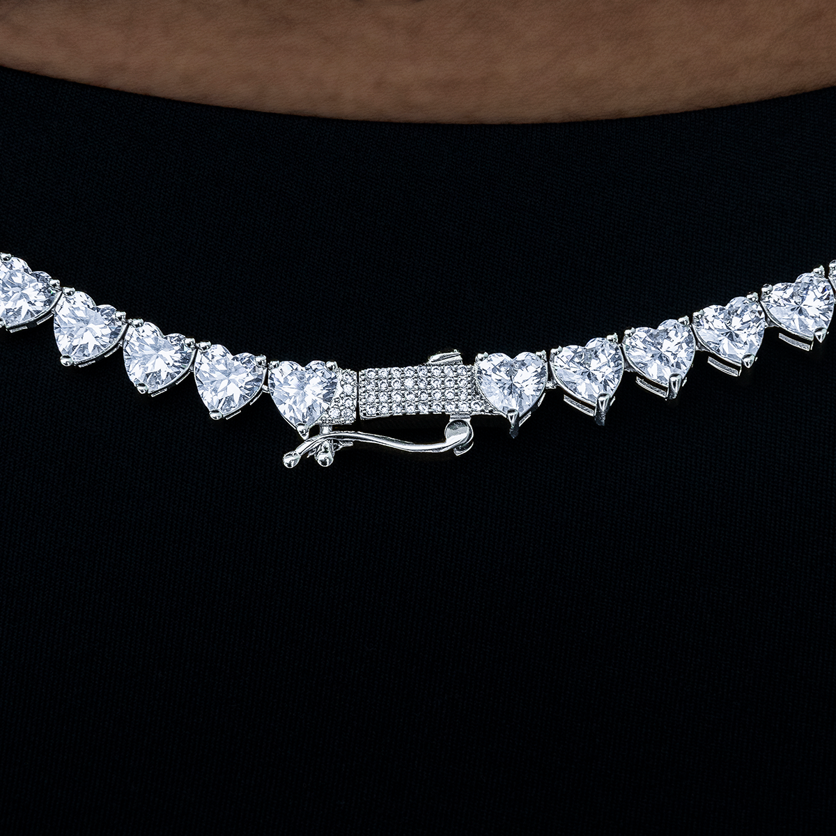 GLD Women Heart Diamond Tennis Necklace in White Gold- 6mm