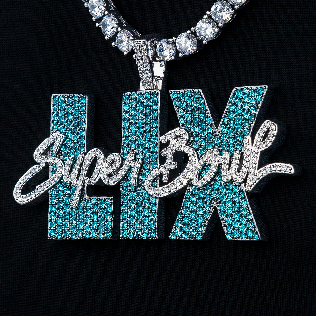 GLD PROMO Super Bowl LIX Official NFL Green Wordmark Pendant in White Gold