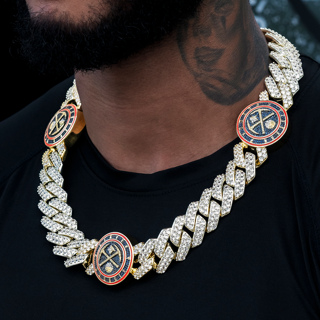 GLD Men Denver Nuggets Official NBA Diamond Prong Cuban Chain in Yellow Gold- 25mm