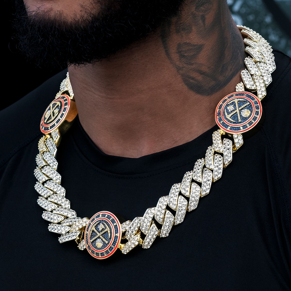 GLD Men Denver Nuggets Official NBA Diamond Prong Cuban Chain in Yellow Gold- 25mm