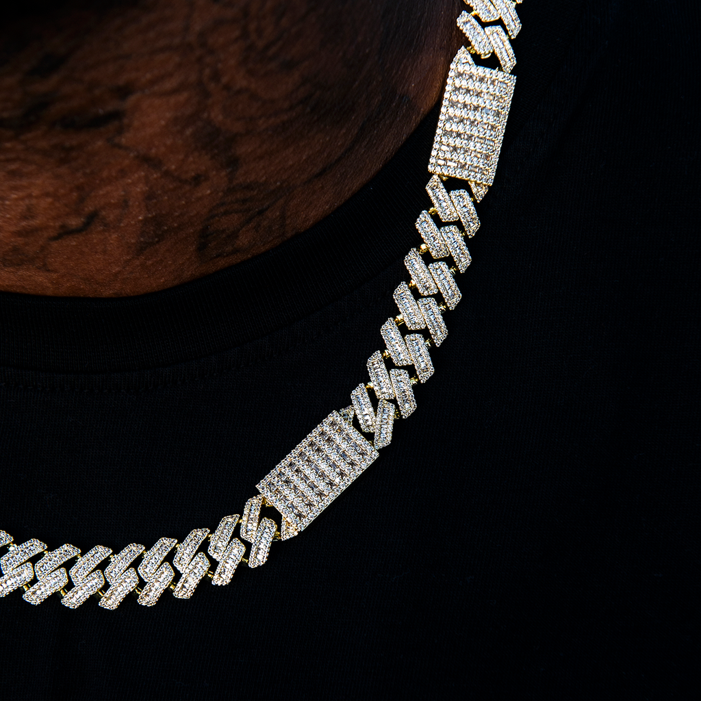 GLD Men Diamond Baguette Station Cuban Chain in Yellow Gold- 12mm